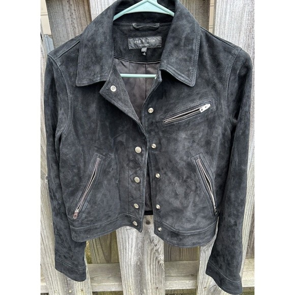 Rag & Bone Black Mercer Suede Leather MOTO Buttons Snap Zip Pockets Jacket Sz 4 - Picture 1 of 12